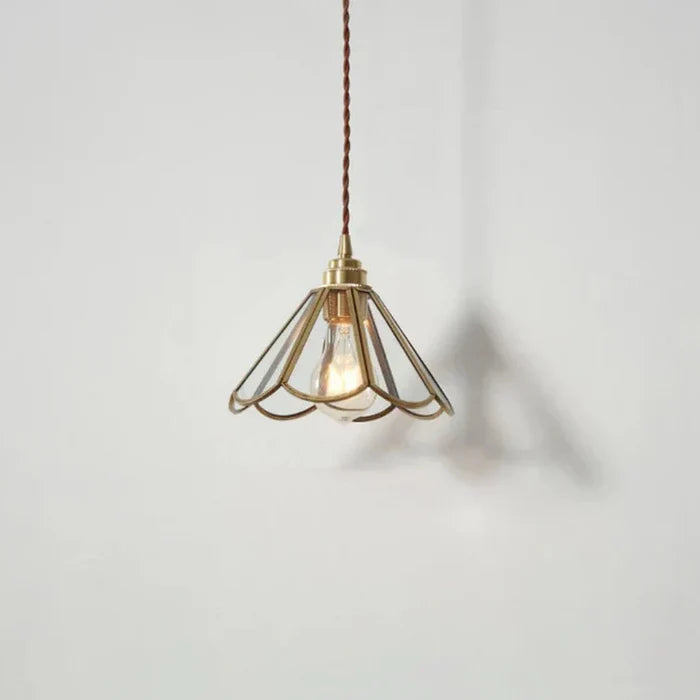 Vintage Bloemvormige Glazen Hanglamp met Messing Frame