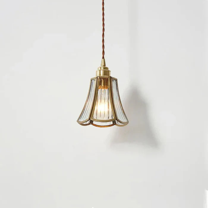 Vintage Bloemvormige Glazen Hanglamp met Messing Frame