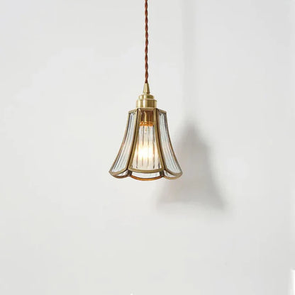 Vintage Bloemvormige Glazen Hanglamp met Messing Frame