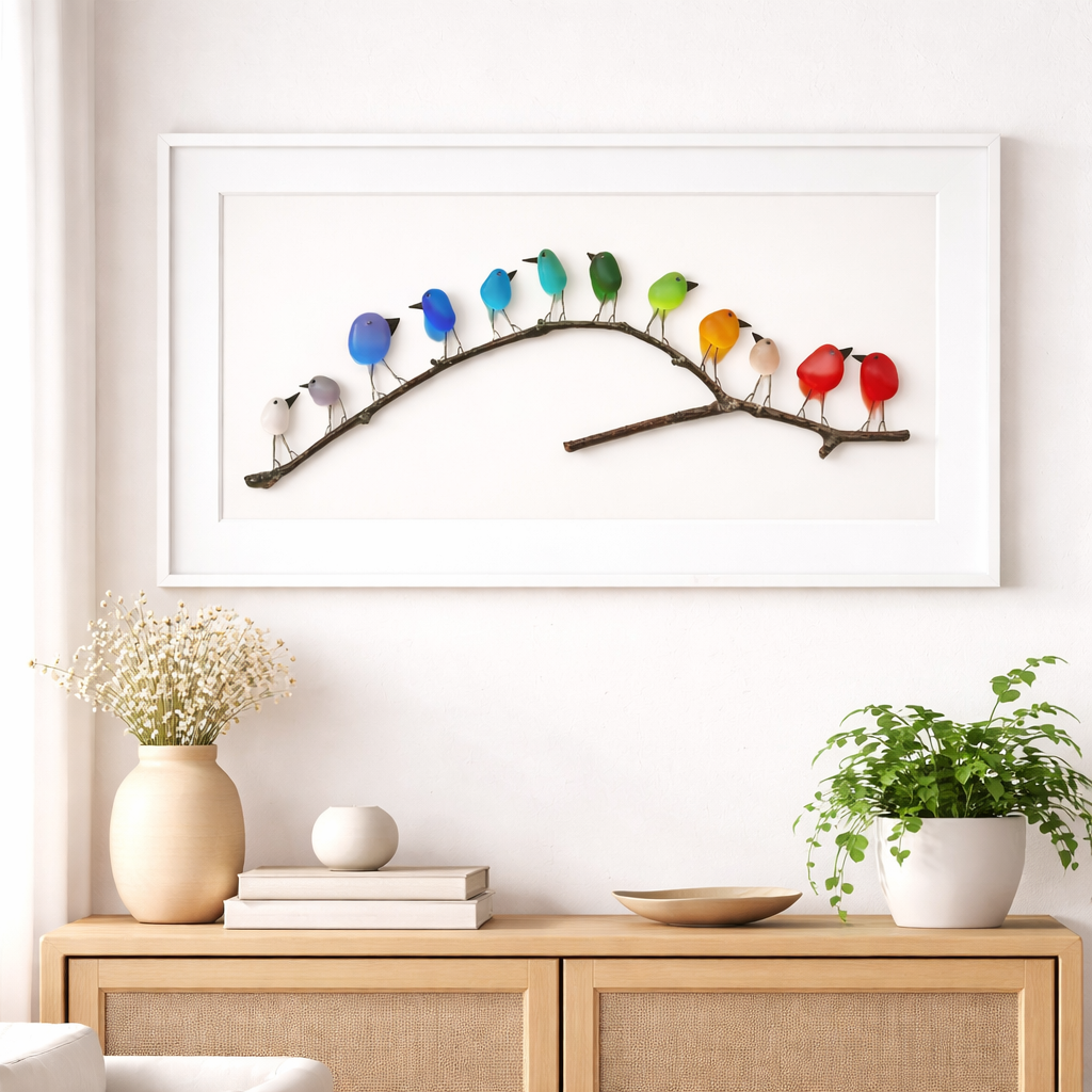 Wanddecoratie Glazen Vogels Drijfhout Handgemaakt Interieurkunst