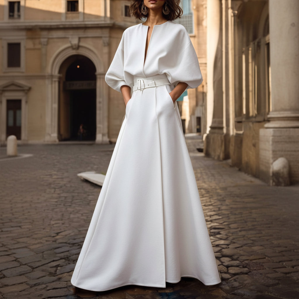 Women's Guest Wedding Dress Belted Half Sleeves Maxi | Formal - Image 1