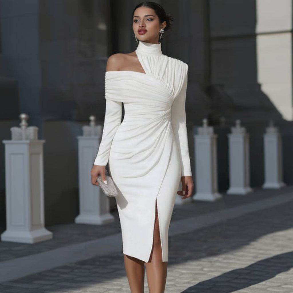 Women's Irregularity Asymmetric Guest Wedding Dress Midi | Pleated - Image 1