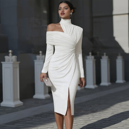 Women's Irregularity Asymmetric Guest Wedding Dress Midi | Pleated - Image 1
