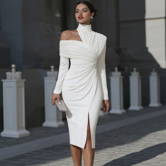 Women's Irregularity Asymmetric Guest Wedding Dress Midi | Pleated - Image 1